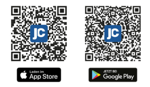 QR Code für die Jobcenter-App mit Verlinkung zum App Store und Google Play