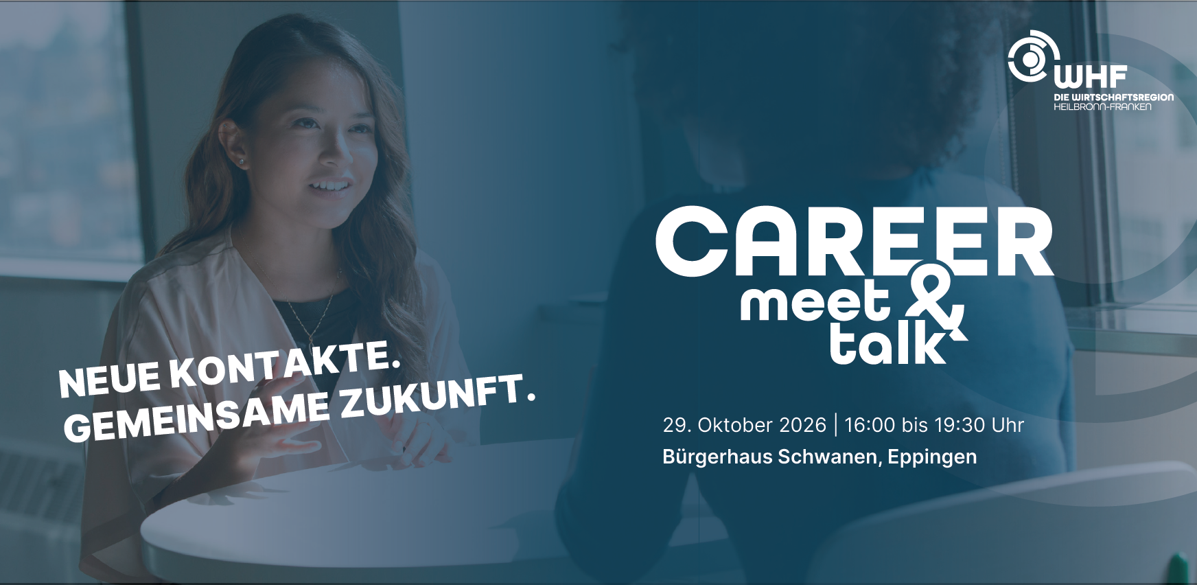 Veranstaltungsgrafik "Career meet & talk" mit einer jungen Frau im Gespräch sowie Angabenn zu Termin und Veranstaltungsort in Eppingen